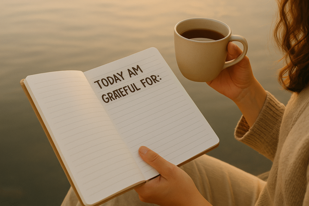 "Woman enjoying morning coffee by the lake, taking a mindful moment to appreciate what you have"
